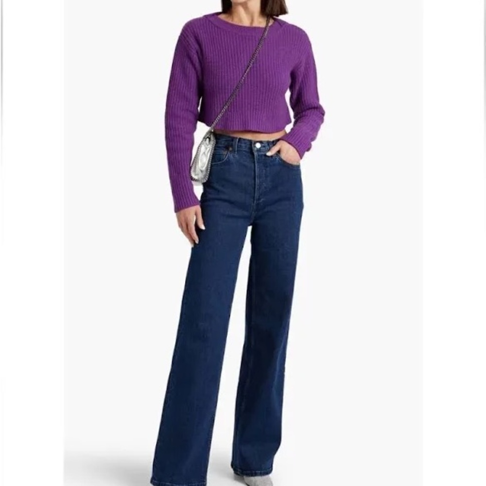 Re/Done Vibrant Purple Cropped Boatneck Pullover Knit Sweater, Size Large‎